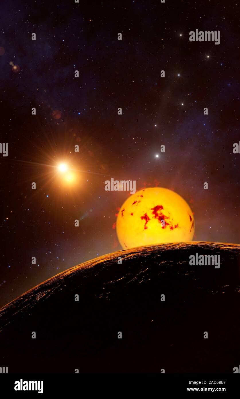 Proxima Centauri b Exoplanet, Illustration. Proxima Centauri (Mitte rechts) ist der nächste Stern nach der Sonne. Es liegt 4,25 Lichtjahre von der Erde in den Stockfoto