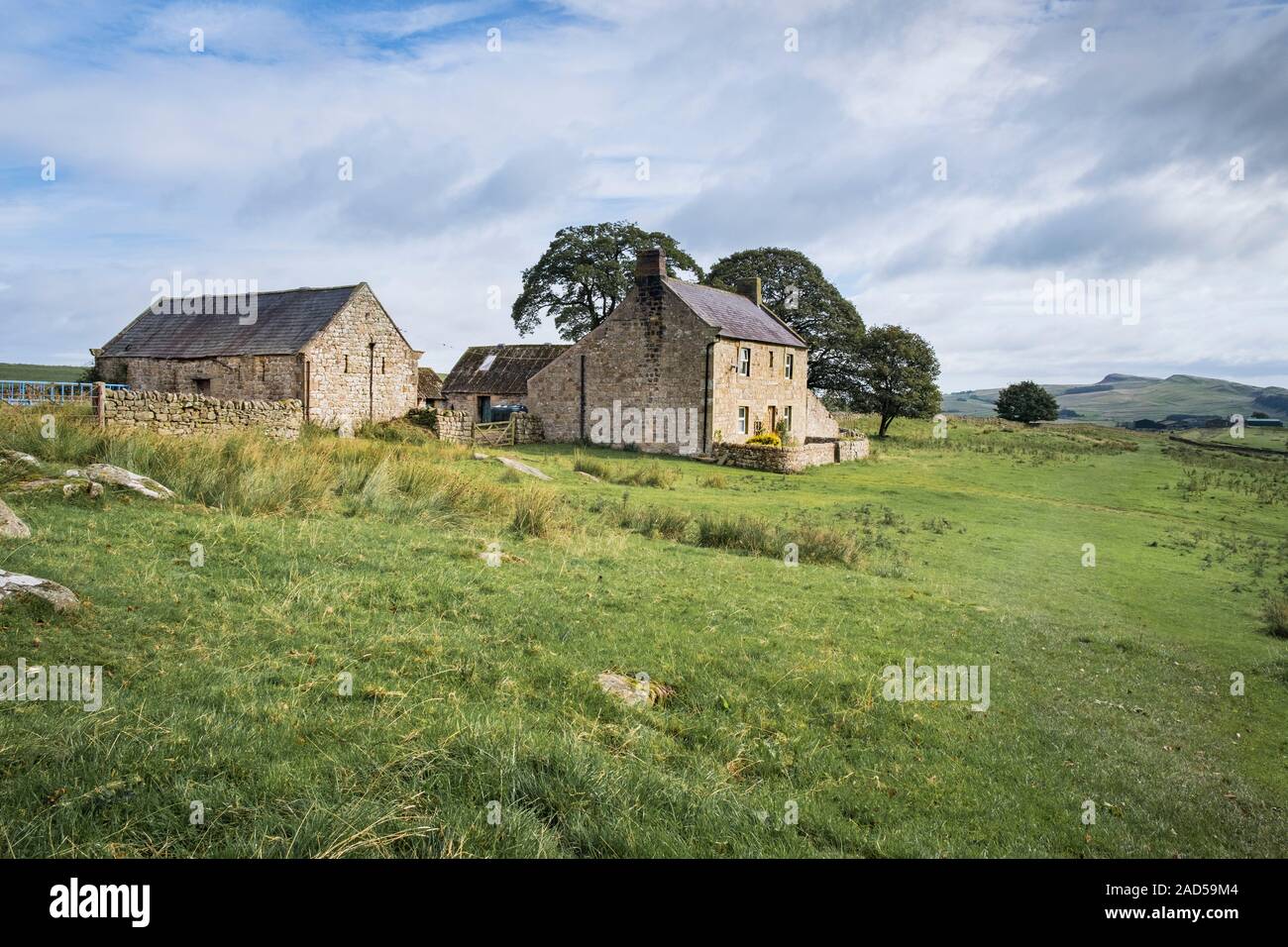 Bauernhaus aus Stein und Stallgebäude. Diese Fernbedienung Hill Farm House auf der Pennine Way & Hadrians Wall Path an Alloa Lea in Northumberland National Park Stockfoto