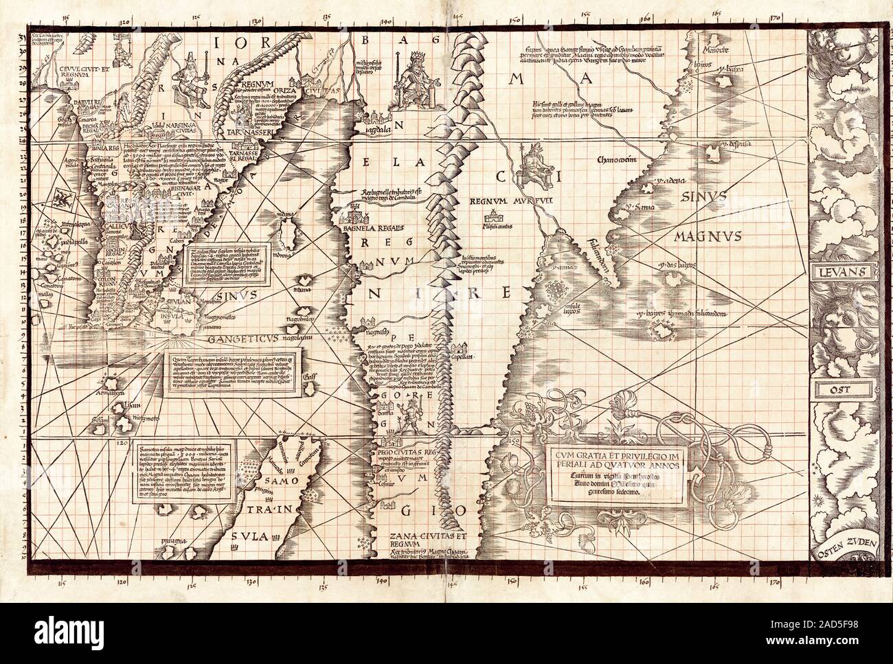 Abschnitt des Waldseemuller der Carta Marina. Dies ist der vierte Abschnitt der mittleren Reihe der 1516 Carta Marina Weltkarte, produziert vom Deutschen cartograp Stockfoto