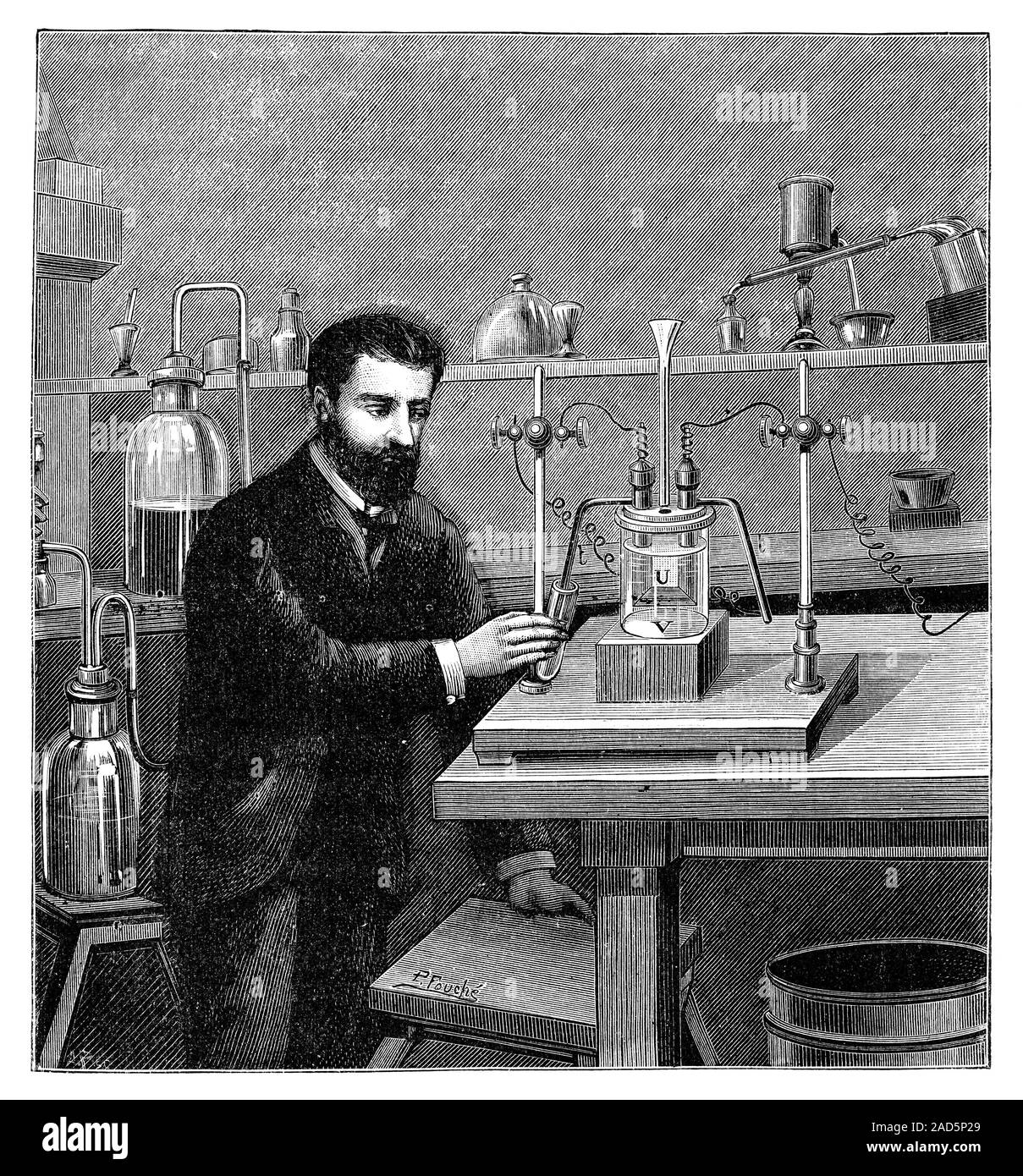 Moissan Isolieren von Fluor. Abbildung aus dem 19. Jahrhundert von ...