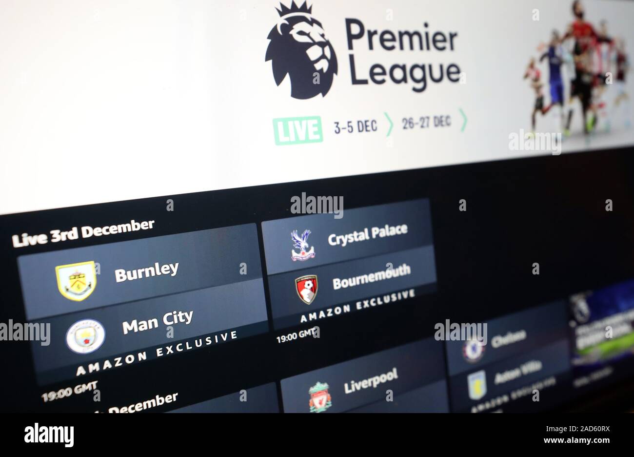 Amazon Prime Video live stream zum ersten Mal an diesem Abend zeigen, Burnley v Manchester City & Crystal Palace v Bournemouth, mit weitere Lampen eine der 4., 5., 26. und 27. Dezember, 2019. Stockfoto