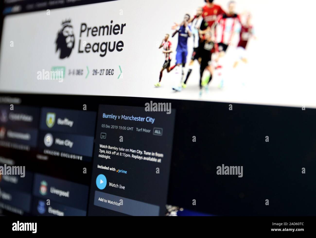 Amazon Prime Video live stream zum ersten Mal an diesem Abend zeigen, Burnley v Manchester City & Crystal Palace v Bournemouth, mit weitere Lampen eine der 4., 5., 26. und 27. Dezember, 2019. Stockfoto