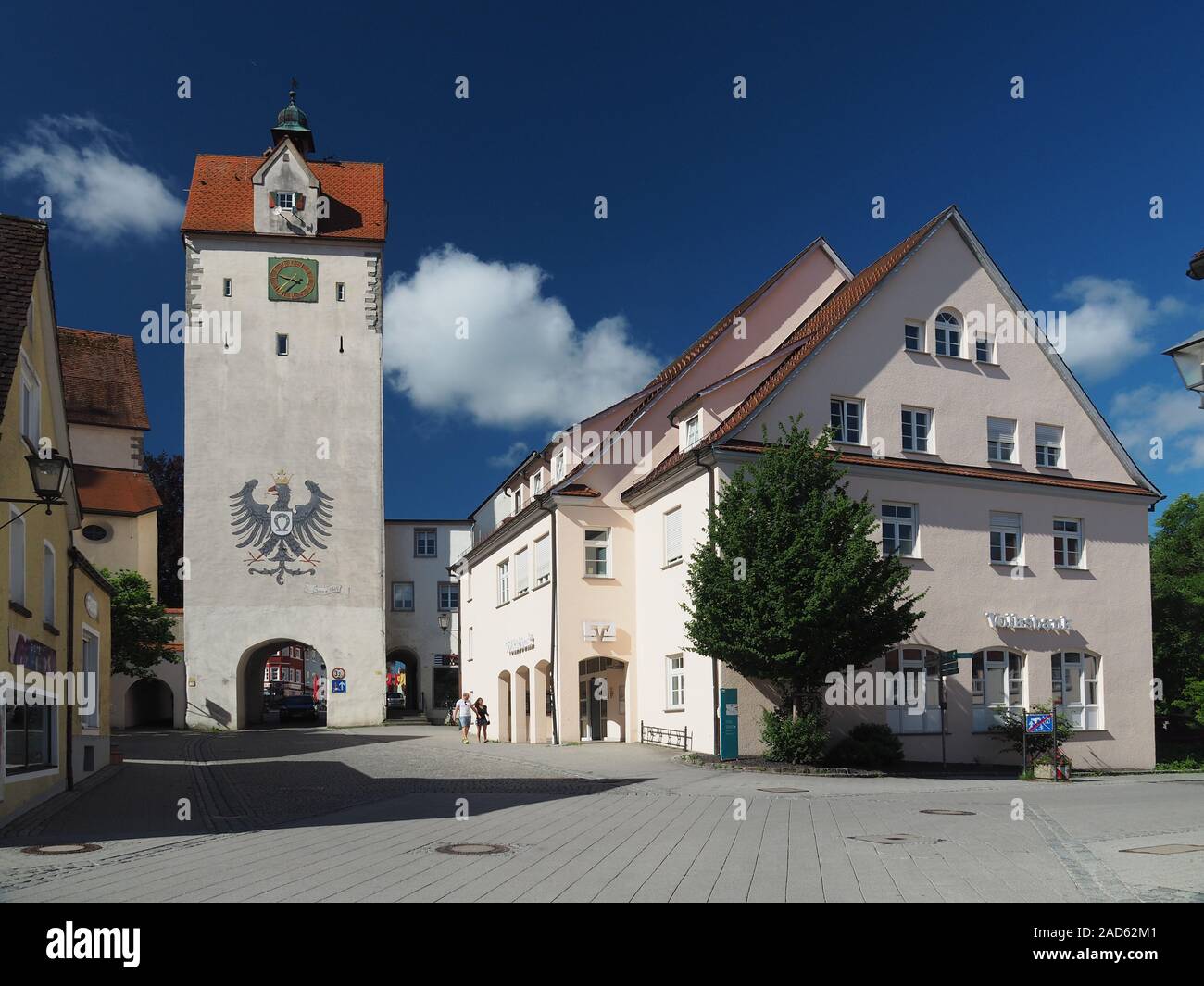 Isny im Allgäu, Water-Gate-Tower, Wappen Stockfoto