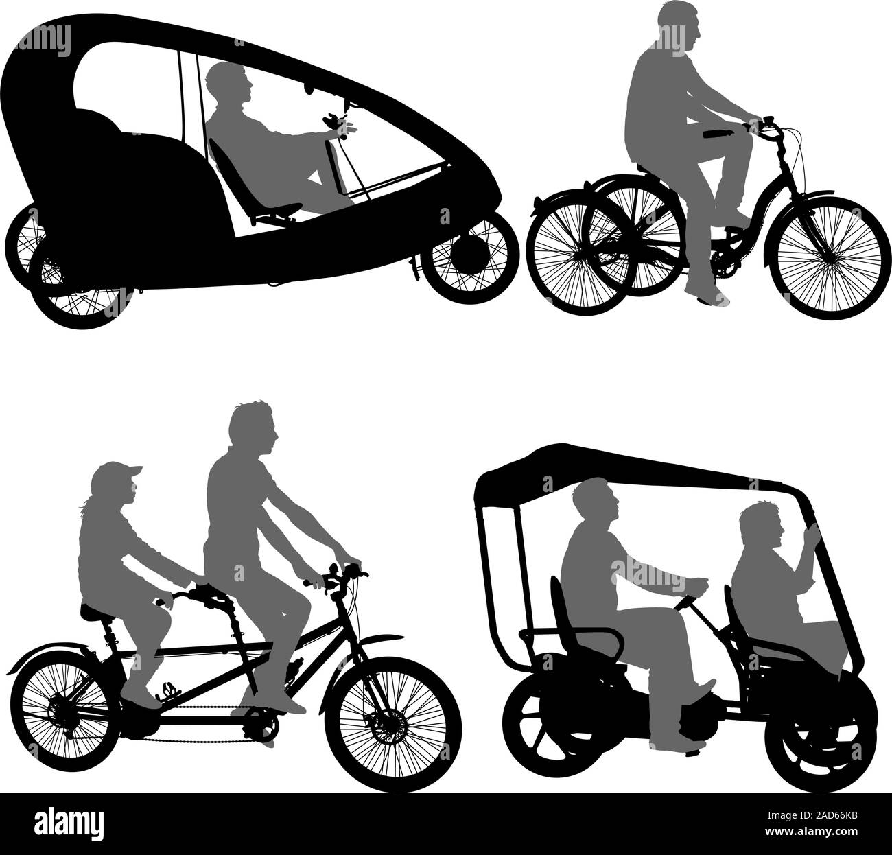 Set Silhouette von zwei Athleten auf tandem Fahrrad auf weißem Hintergrund. Stock Vektor