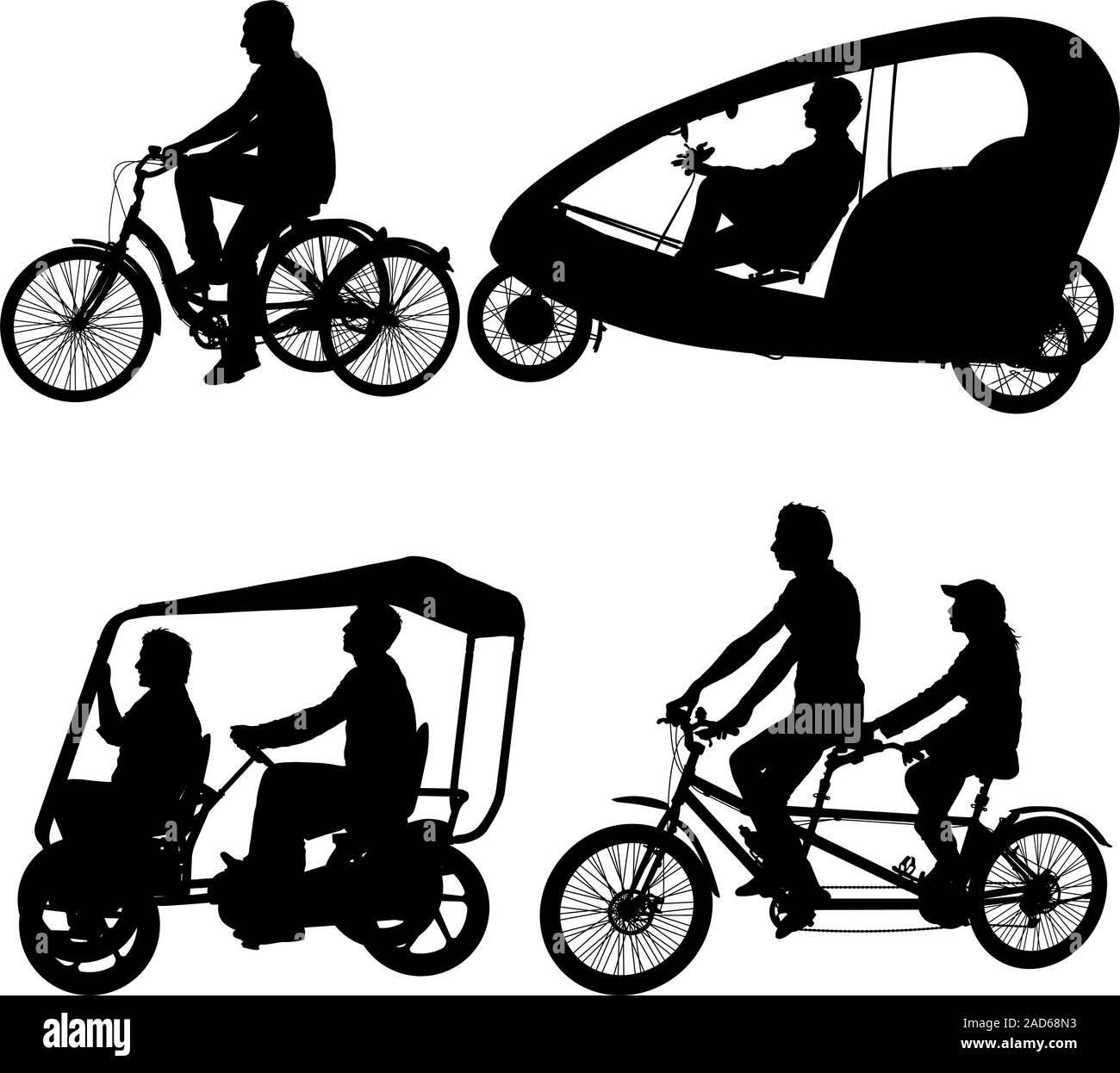 Set Silhouette von zwei Athleten auf tandem Fahrrad auf weißem Hintergrund. Stock Vektor