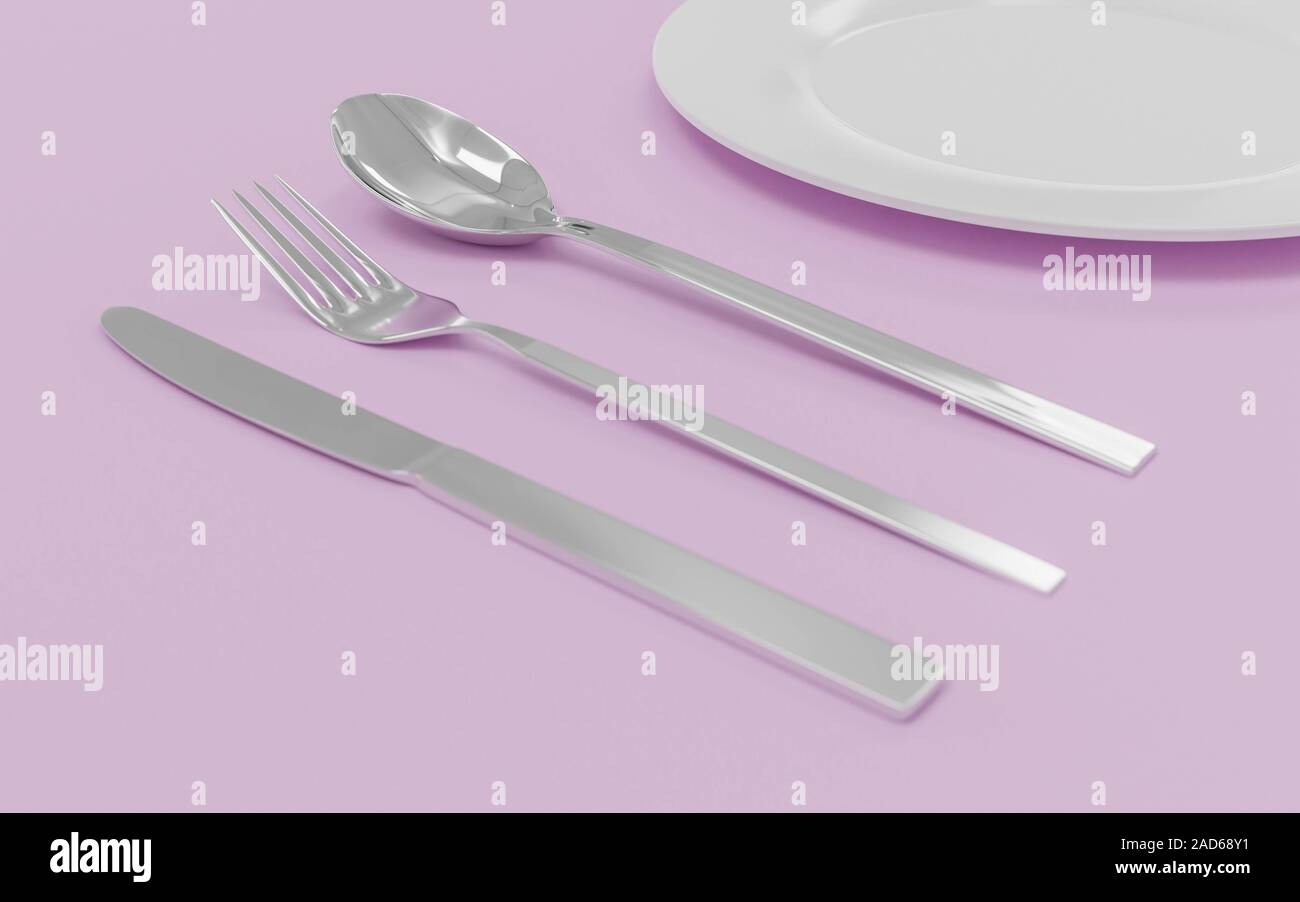 Gabel, Löffel, Messer und Platte isoliert auf rosa Tabelle 3d-render Abbildung Stockfoto