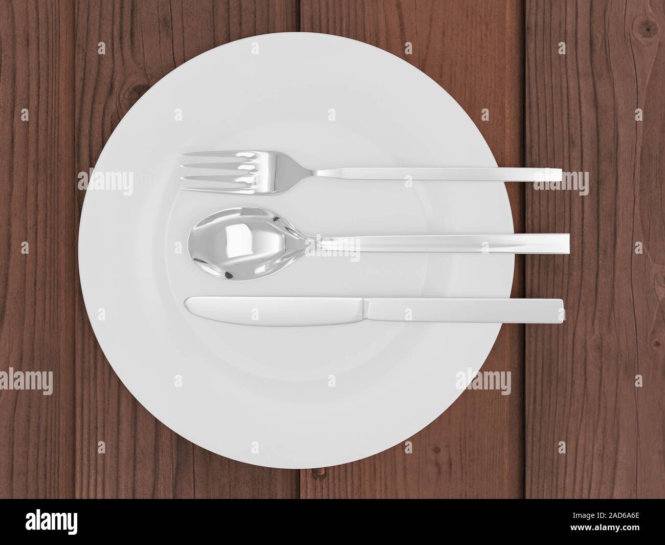 Gabel, Löffel, Messer und Platte isoliert auf hölzernen Tisch 3D-Render Abbildung Stockfoto