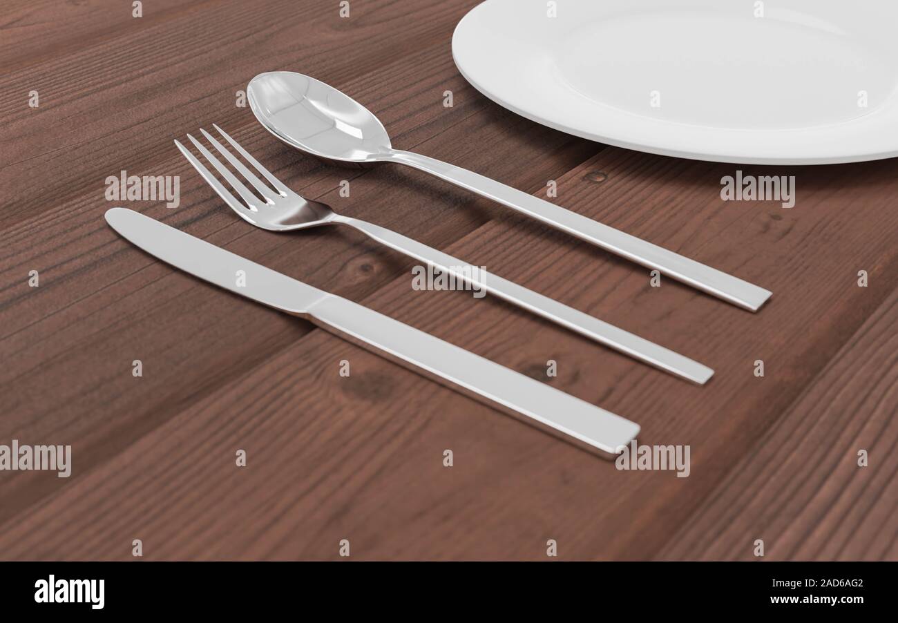 Gabel, Löffel, Messer und Platte isoliert auf Holz- Hintergrund 3D-Render Abbildung Stockfoto