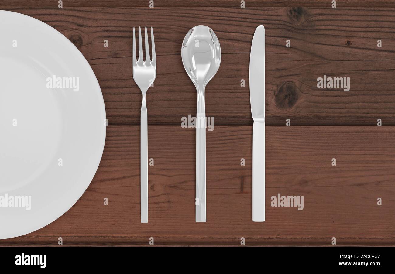 Gabel, Löffel, Messer und Platte isoliert auf hölzernen Tisch 3D-Render Abbildung Stockfoto