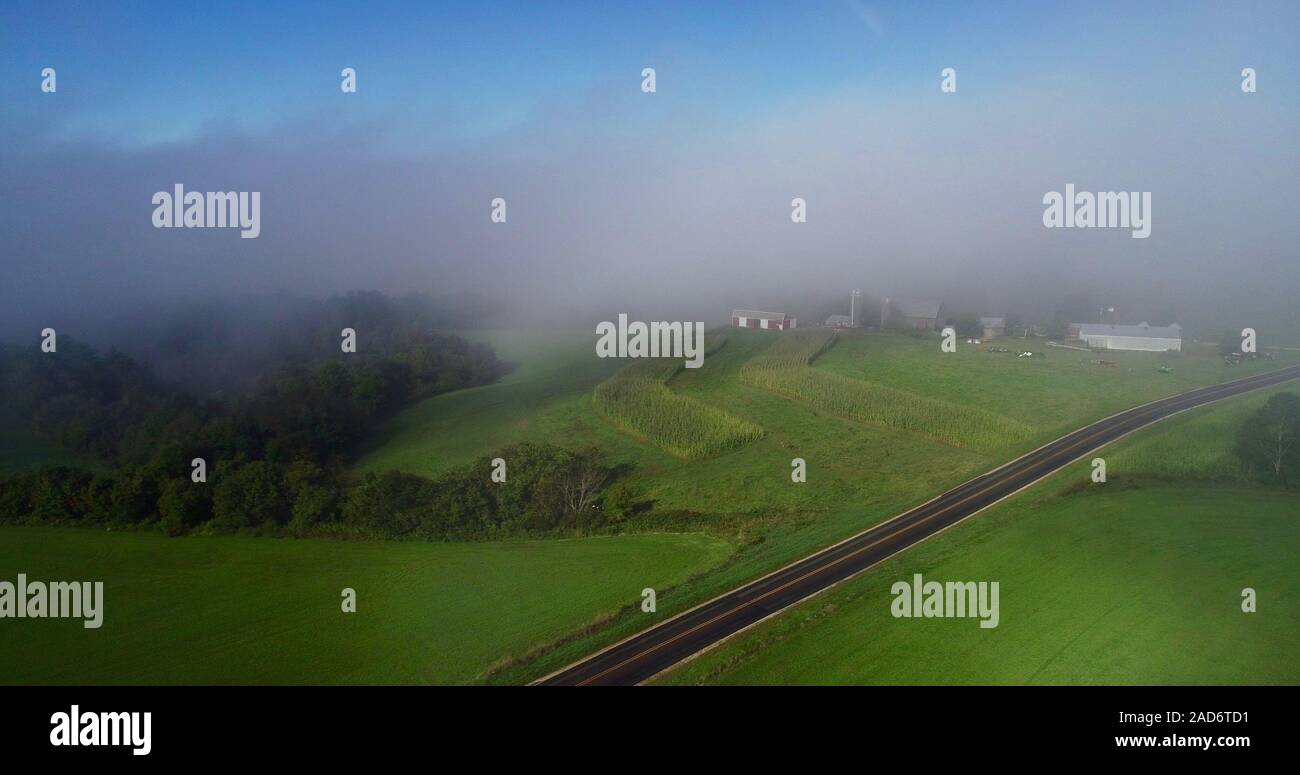 Luftaufnahme des frühen Morgens Nebel mit niedrigen Wolken über die hügelige Landschaft mit Bauernhöfen und ländliche Straßen, Felder von Kulturpflanzen, Hillsboro, Wisconsin, USA. Stockfoto