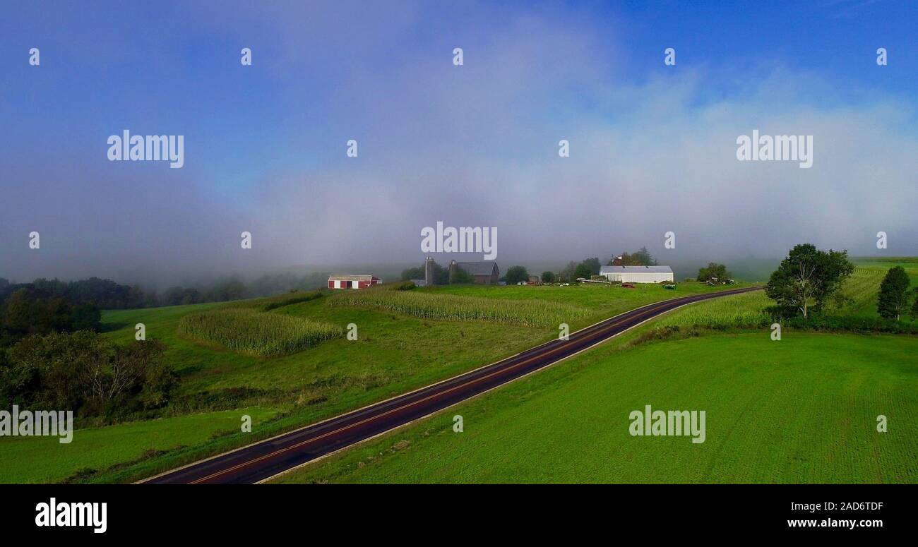 Luftaufnahme des frühen Morgens Nebel mit niedrigen Wolken über die hügelige Landschaft mit Bauernhöfen und ländliche Straßen, Felder von Kulturpflanzen, Hillsboro, Wisconsin, USA. Stockfoto