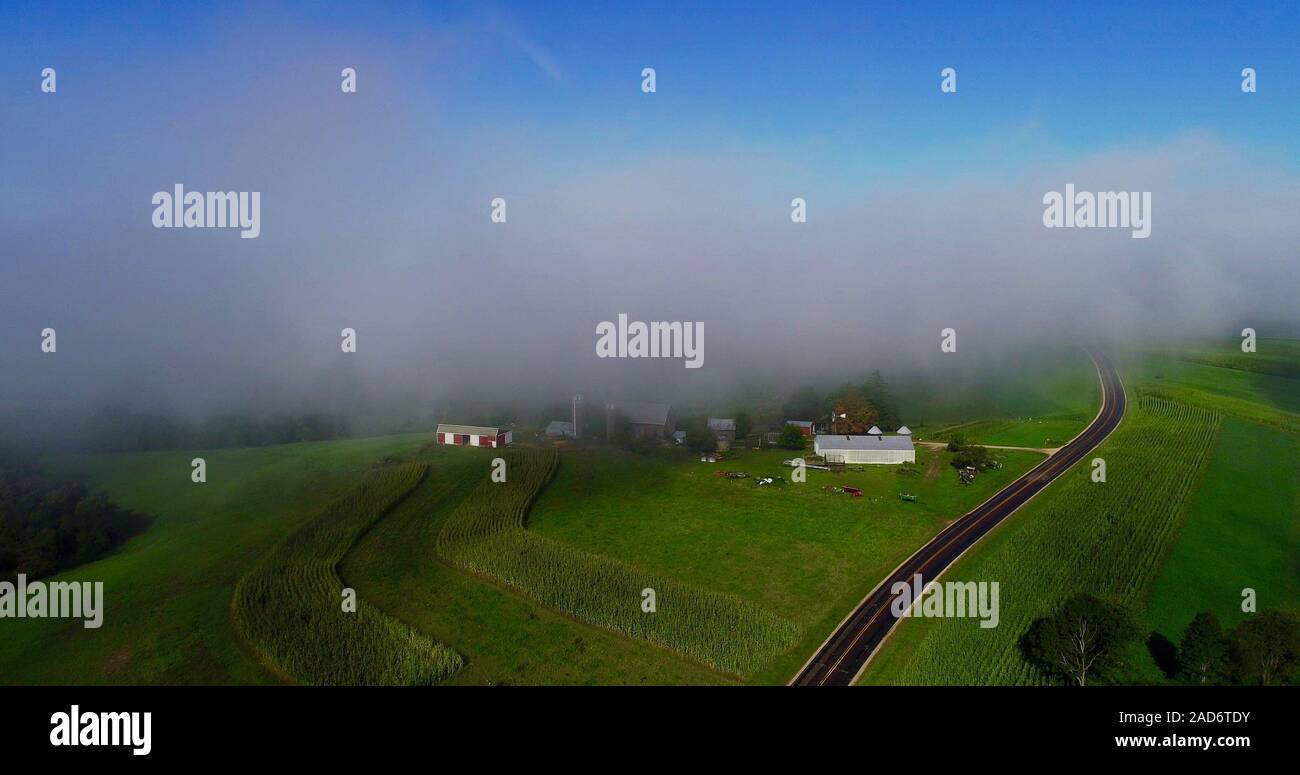Luftaufnahme des frühen Morgens Nebel mit niedrigen Wolken über die hügelige Landschaft mit Bauernhöfen und ländliche Straßen, Felder von Kulturpflanzen, Hillsboro, Wisconsin, USA. Stockfoto