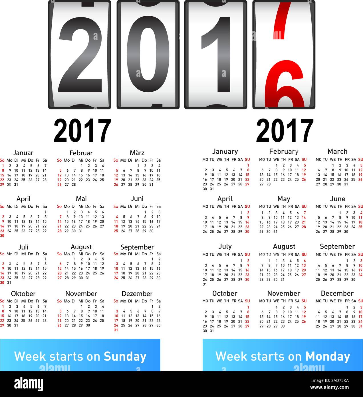 Stilvolle deutscher Kalender für 2017. In deutscher und englischer Sprache. Stock Vektor