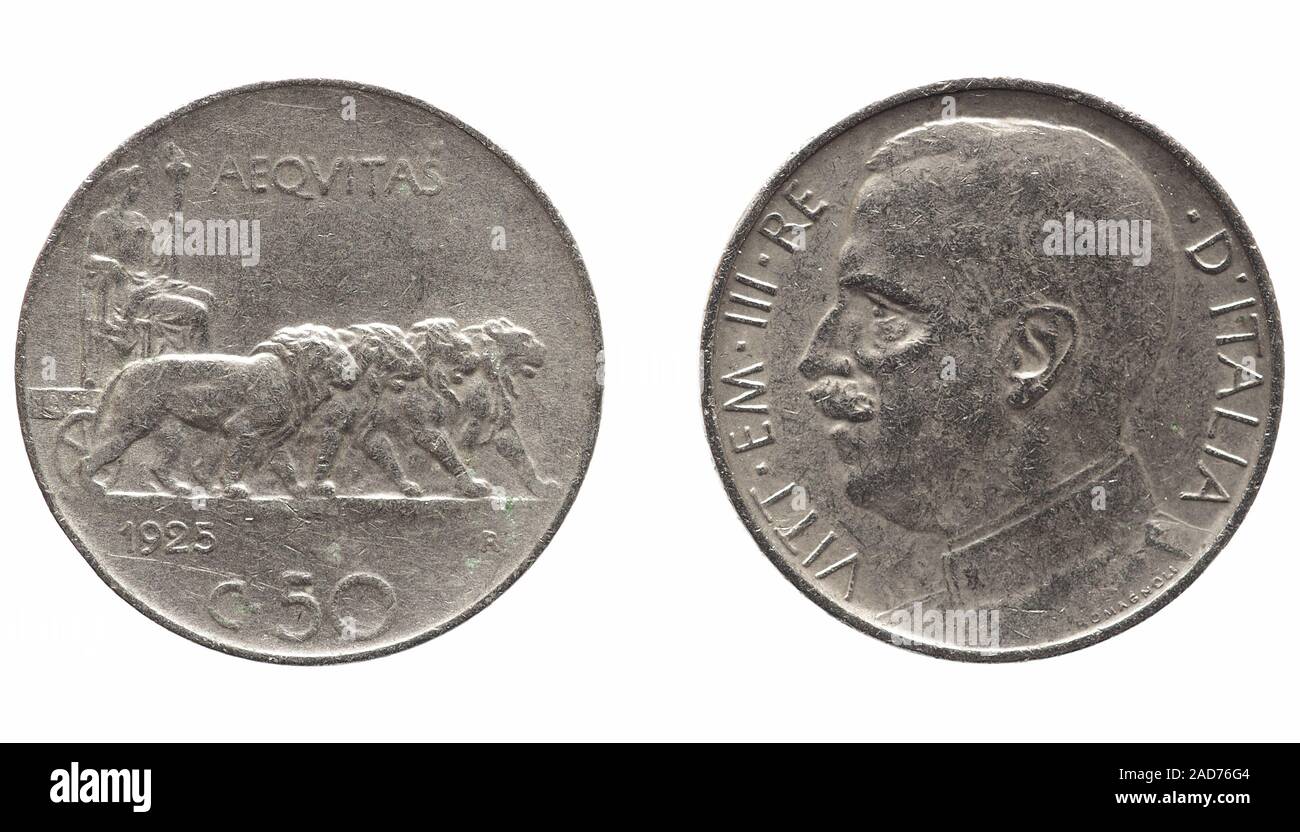 Alte italienische Lira mit Vittorio Emanuele III König isoliert über Weiß Stockfoto