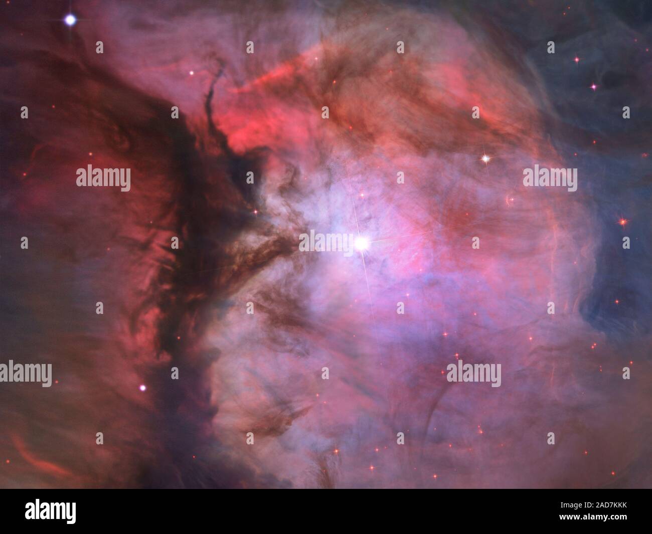 Ein massiver Stern beleuchtet dieser kleinen Region, genannt M43, und Bildhauerei die Landschaft von Staub und Gas. Astronomen bezeichnen das Gebiet eine Miniatur Orionnebel wegen seiner kleinen Größe und der einzige Stern, es formt. Der Orionnebel selbst ist viel größer und hat vier kräftigen Sterne, schnitzen die Staub- und Erdgas- Gelände. Objekt Name: M43 Bild Typ: Astronomische Credit: NASA, ESA, M. Robberto (Space Telescope Science Institute/ESA) und das Hubble Space Telescope Orion Treasury Projektteam Stockfoto