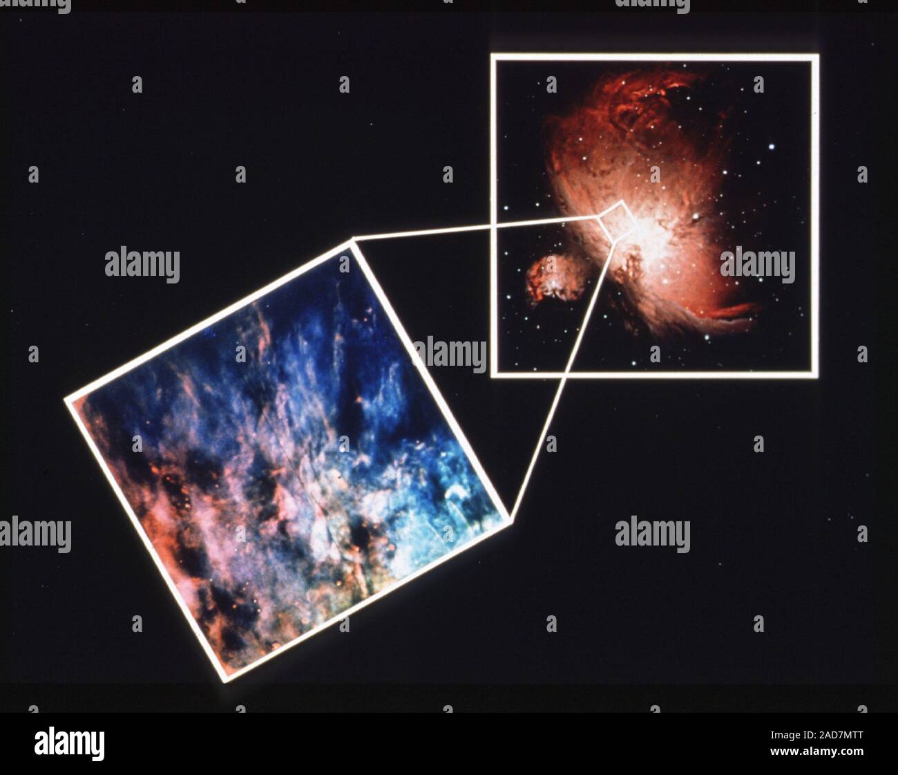 Dieser zusammengesetzte Bild zeigt die Lage von einem Lichtjahr square Region im Orionnebel, die Wfpc abgebildet war. Das Gebiet ist in der Nähe der Kante eines Hohlraums von ionisiertem Wasserstoff, die durch UV-Strahlung, die von einem Stern Cluster in der Mitte des Nebels beheizt wird. (Orionnebel Foto copyright David Malin/Anglo-Australian Südsternwarte) Objekt Namen: Orionnebel, M 42, NGC 1976 Bild Typ: Astronomische Credit: NASA, ESA, und STScI Boden Bild: Copyright D. Malin/Anglo-Australian Südsternwarte Stockfoto