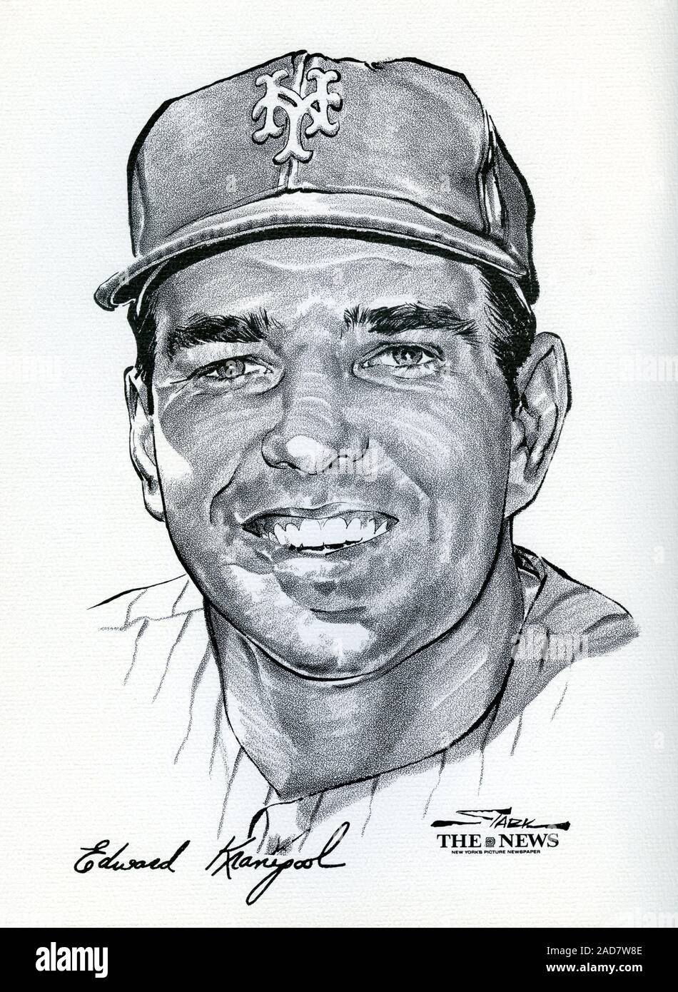 Portrait von New York Mets Spieler Ed Kranepool vom Wunder Team 1969 Mets, der World Series von Künstler Stark gewonnen und veröffentlicht als Souvenir Portfolio durch die Nachrichten von New York. Stockfoto