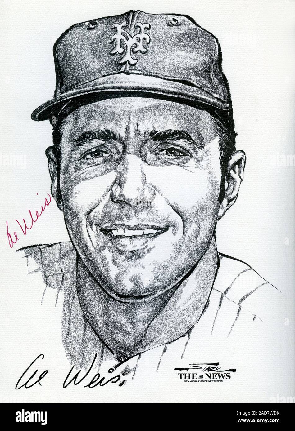 Portrait von New York Mets Spieler Al Weiss vom Wunder Team 1969 Mets, der World Series von Künstler Stark gewonnen und veröffentlicht als Souvenir Portfolio durch die Nachrichten von New York. Stockfoto