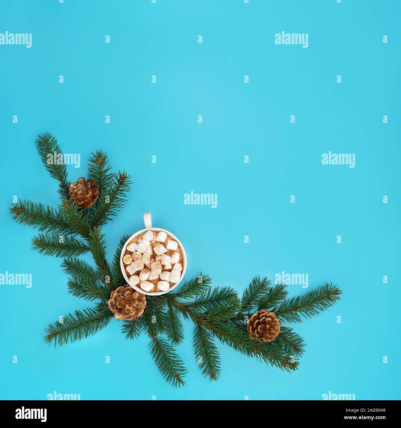 Trendy Weihnachten Hintergrund von heißer Schokolade mit Eibisch, Weihnachtsbaum, Zweige mit goldenen Kegel auf cyan blau Hintergrund. Ferienzeit Konzept Stockfoto