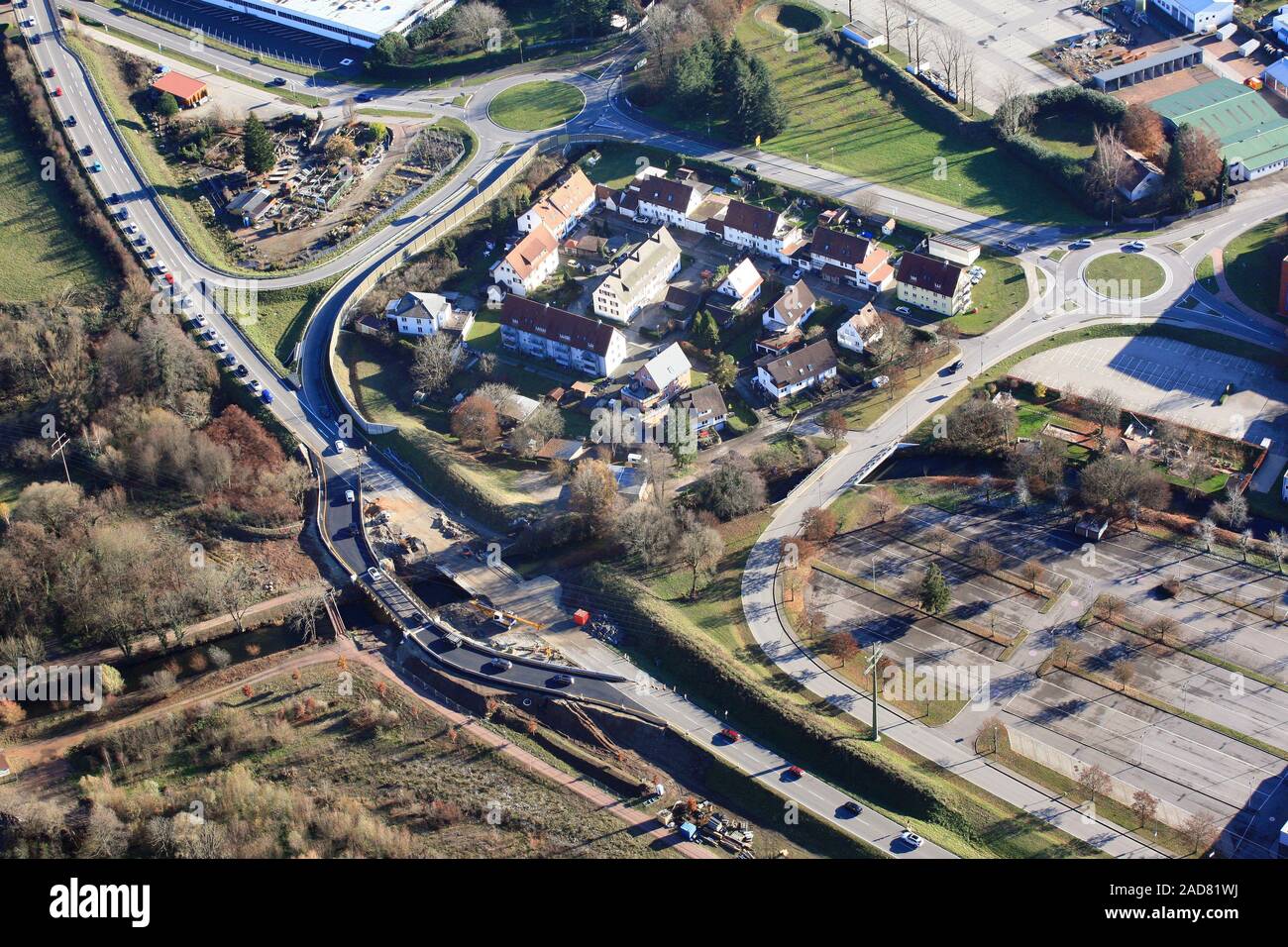 Maulburg, Ursache des Staus durch Baustelle und provisorische Brücke an der B 317 zu überbrücken. Stockfoto