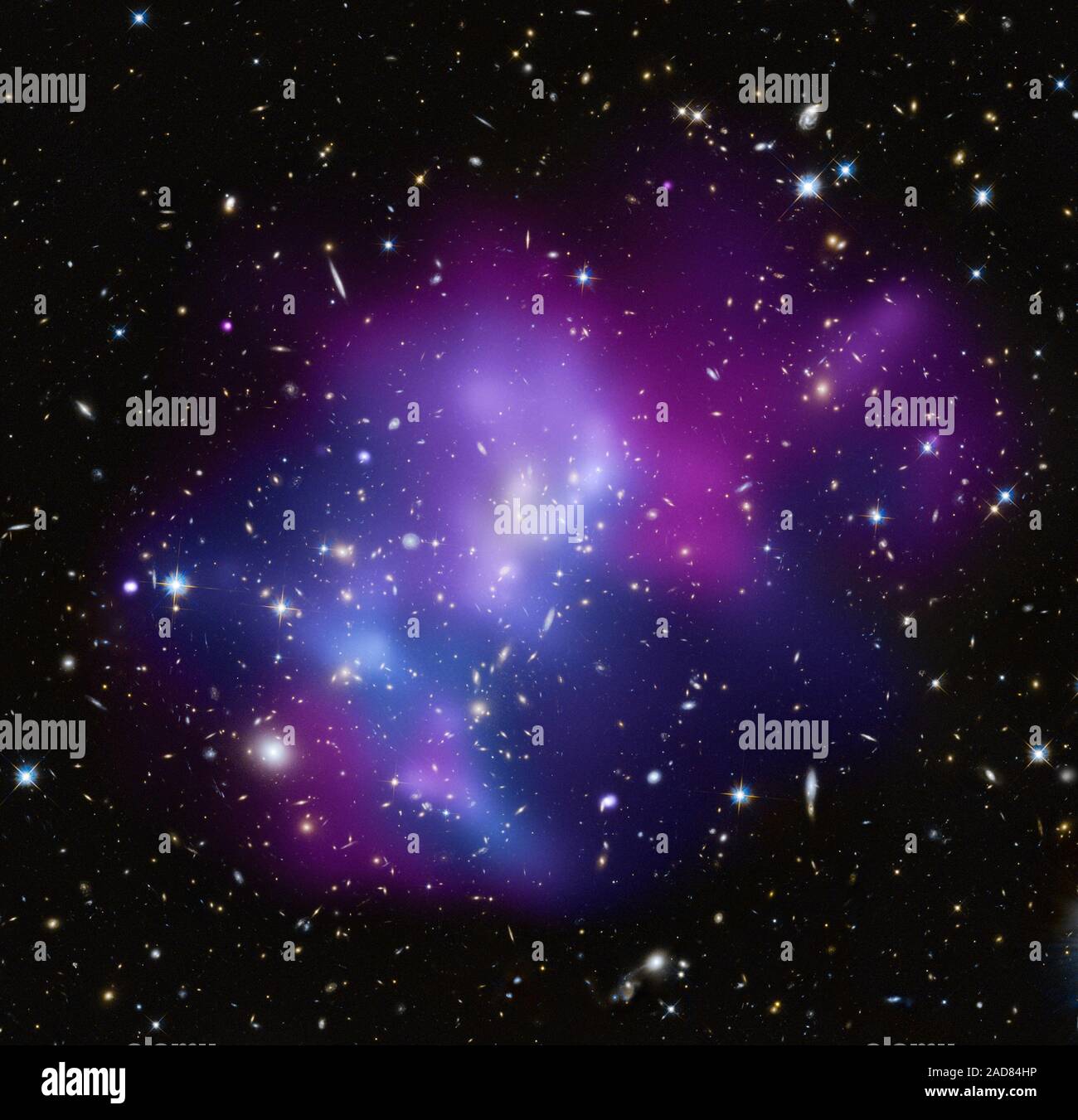 Das zusammengesetzte Bild zeigt die massive Galaxienhaufen MACS J 0717.5 +3745 (MACS J0717, kurz), wo vier separate Galaxienhaufen in einen Zusammenstoß verwickelt haben - das erste Mal ein solches Phänomen dokumentiert wurde. Heiße Gas in ein Bild von der NASA Chandra X-ray Observatory gezeigt, und Galaxien sind in ein optisches Bild von NASA's Hubble Space Telescope gezeigt. Das heiße Gas ist farbcodiert, Temperatur, wo die coolsten Gas rötlich Violett ist, die heißesten Gas blau ist, zu zeigen, und die Temperaturen zwischen sind violett. Die wiederholten Kollisionen in MACS J0717 sind durch eine 13-Mio.-ligh verursacht Stockfoto