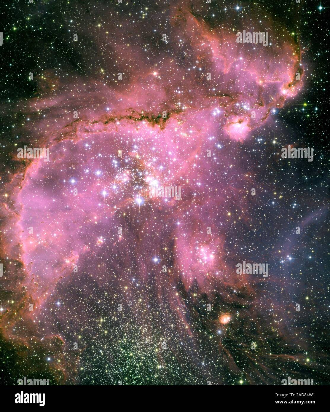 Dies ist ein Weltraumteleskop Hubble sehen sie eine der dynamischsten und aufwendig detaillierte Sterne bilden Regionen im Raum gelegen, 210.000 Lichtjahre entfernt in der Kleinen Magellanschen Wolke (SMC), einer Satellitengalaxie unserer Milchstraße. Im Zentrum der Region ist ein leuchtender Star Cluster bezeichnet NGC 346. Eine dramatische Struktur von gewölbten, zackige Filamente mit einem ausgeprägten Grat umgibt den Cluster. Ein Torrent der Strahlung von heißen Sternen des Clusters isst in den dichteren Bereichen Erstellen einer fantasy Skulptur aus Staub und Gas. Die dunklen, aufwändig wulstigen Rand der Ridge, in Silhouette von Hubble gesehen, ist Pa Stockfoto