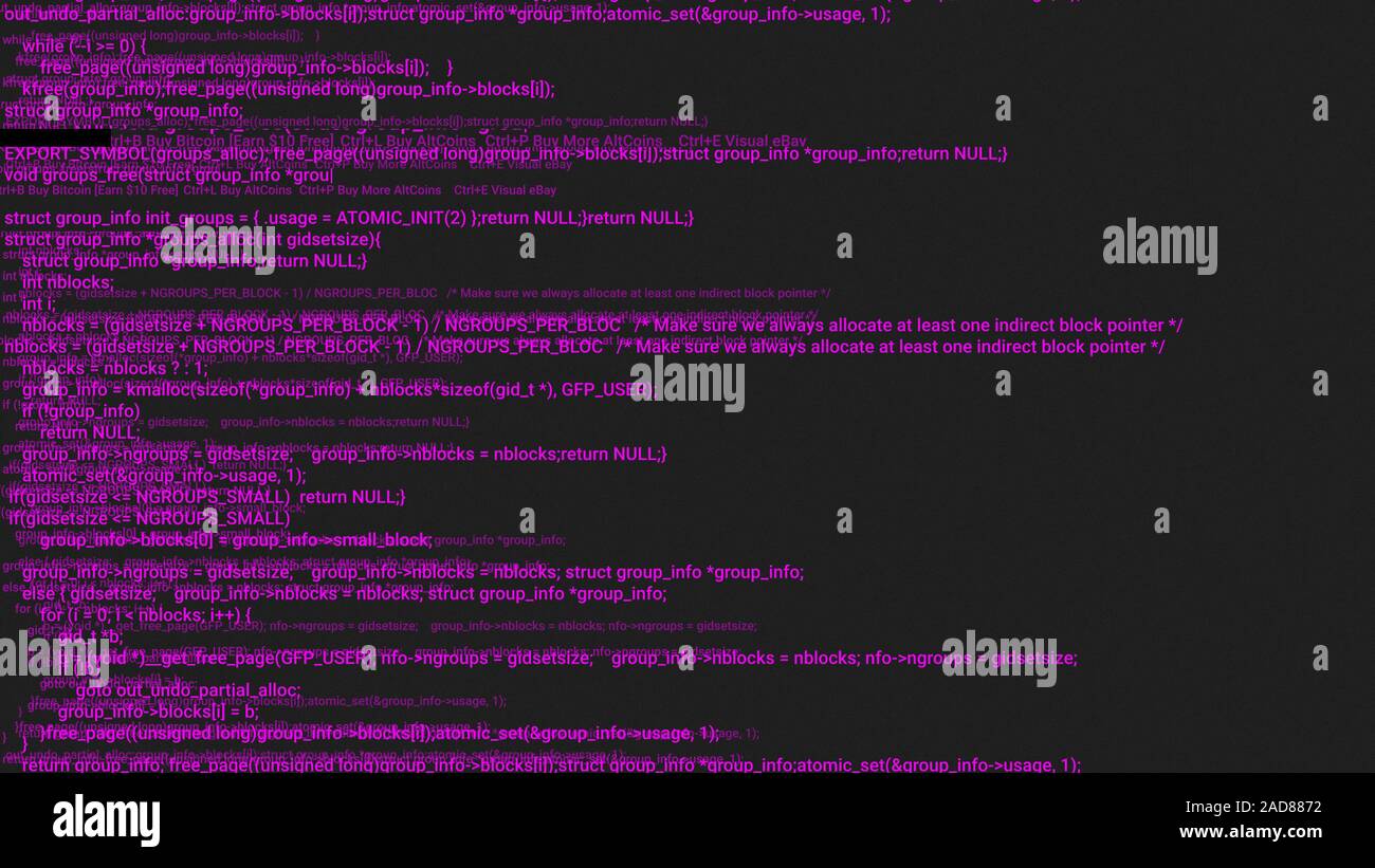 Rosa-Codierung hacker Konzept Animation mit glitch. Programmiercode Tippfehler. Grosse Daten und Internet Cyber-angriffe. Programmiercode abstrakt. Blockchain Konzept, Computer digital Code Stockfoto