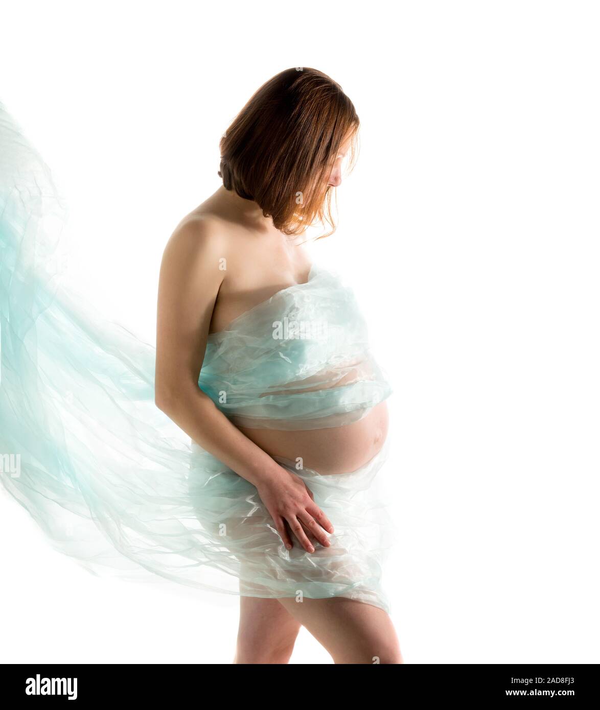 Schwangere, werdende Mutter auf weißem Hintergrund, in der Nähe von schwangeren Bauch Stockfoto