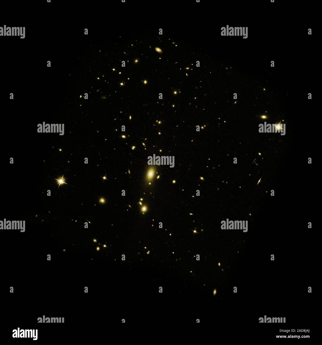Dieses Bild von Galaxienhaufen MS0735.6+7421 mit NASA's Hubble Space Telescope im Februar 2006 aufgenommen wurde. Die erweiterte Kamera für Umfragen Bild zeigt Dutzende von Galaxien zusammen durch Schwerkraft gebunden. Diffuse, heißes Gas mit einer Temperatur von fast 50 Millionen Grad durchdringt den Raum zwischen den Galaxien. Ein supermassives Schwarzes Loch mit einem Gewicht von fast einer Milliarde Mal die Masse unserer Sonne lauert in den Kern der hellen zentralen Galaxie. Objekt Name: MS0735.6+7421 Bild Typ: Astronomische Credit: NASA, ESA, und B. McNamara (Universität von Waterloo und Ohio University) Stockfoto