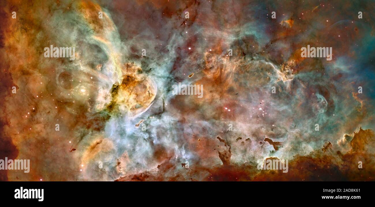 Dieses Bild, zum 17. Jahrestag von Hubble freigegeben wird, zeigt eine Region von Star Geburt und Tod in der Carina Nebula. Der Nebel enthält mindestens ein Dutzend leuchtende Sterne, die 50 bis 100 mal der Masse unserer Sonne. Gutschrift für Hubble Bild: NASA, ESA, N. Smith (Universität von Kalifornien, Berkeley) und das Hubble Heritage Team (STScI/AURA) Gutschrift für CTIO Bild: N. Smith (Universität von Kalifornien, Berkeley) und NOAO/AURA/NSF Stockfoto