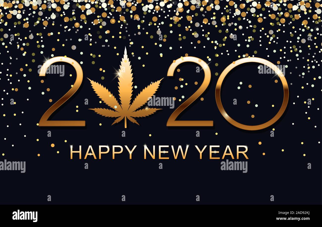 2020 Frohes Neues Jahr Hintergrund mit Marihuana Blatt. Happy New Year Karte. Vector Illustration. Stock Vektor