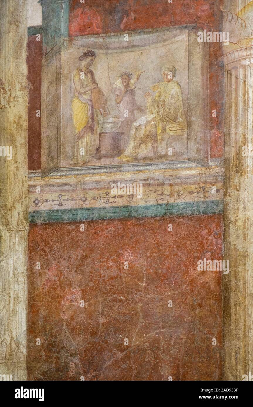 Detail der freien auf der Rückwand des tablinum, Casa di Livia, Haus der Livia romanischen Fresken, Wandmalereien, Palatin, Rom, Italien Stockfoto