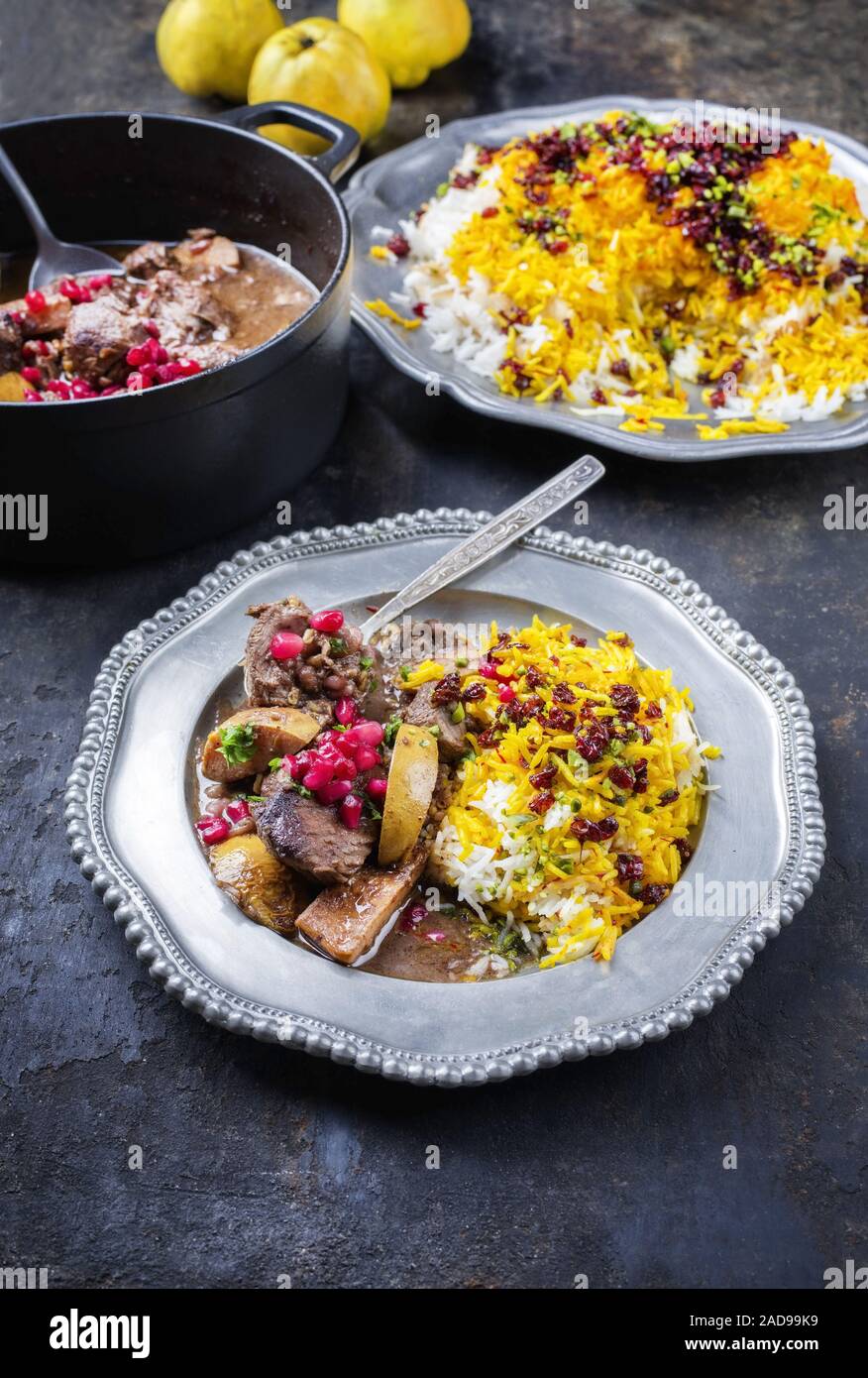 Traditionelle Iranische khoresh beh Eintopf mit Brocken Lamm Stockfoto