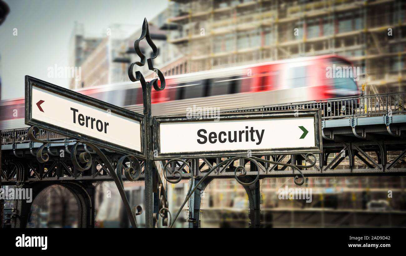 Straßenschild Sicherheit und Terror Stockfoto