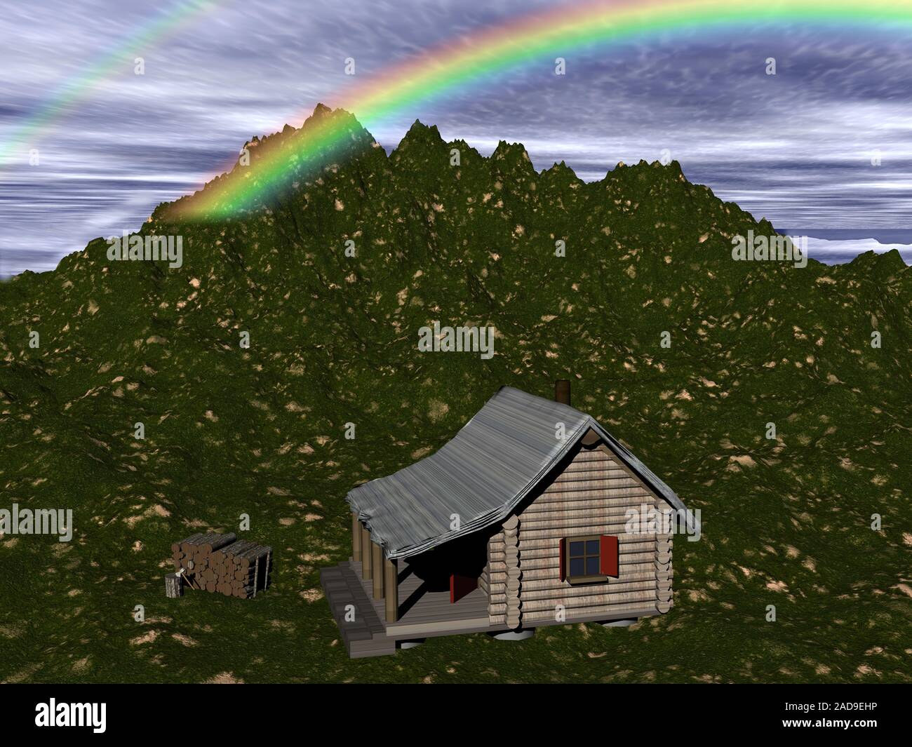Blockhütte in den Bergen mit blauem Himmel und Rainbow Stockfoto