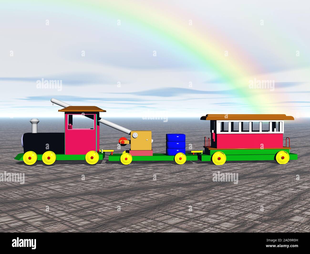 Bunte Spielzeugeisenbahn unter Rainbow Stockfoto