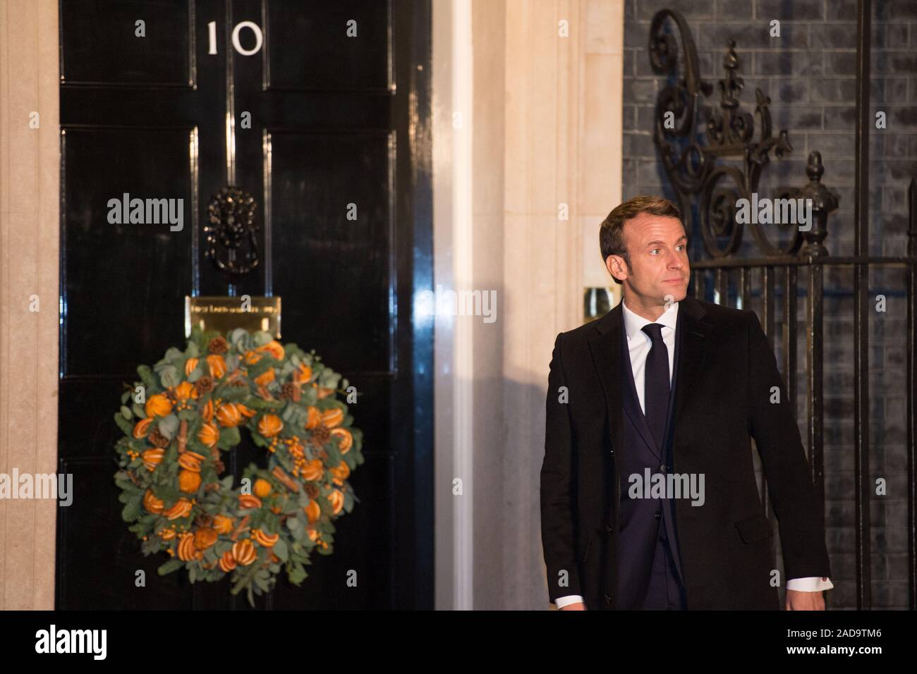 London, Großbritannien. Vom 3. Dezember 2019. Im Bild: Emmanuel Längestrich - Präsident von Frankreich. Boris Johnson, der britische Premierminister Hosts eine Rezeption mit ausländischen Staats- und Regierungschefs vor der NATO (North Atlantic Treaty Organisation) Sitzung am 4. Dezember. Credit: Colin Fisher/Alamy Leben Nachrichten. Stockfoto