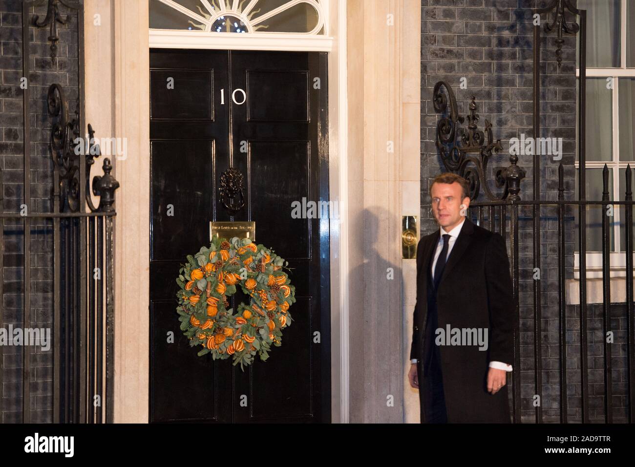 London, Großbritannien. Vom 3. Dezember 2019. Im Bild: Emmanuel Längestrich - Präsident von Frankreich. Boris Johnson, der britische Premierminister Hosts eine Rezeption mit ausländischen Staats- und Regierungschefs vor der NATO (North Atlantic Treaty Organisation) Sitzung am 4. Dezember. Credit: Colin Fisher/Alamy Leben Nachrichten. Stockfoto