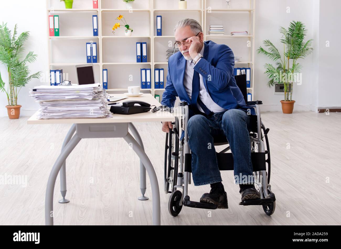 Im Alter von Beschäftigten im Rollstuhl die Arbeit im Büro Stockfoto