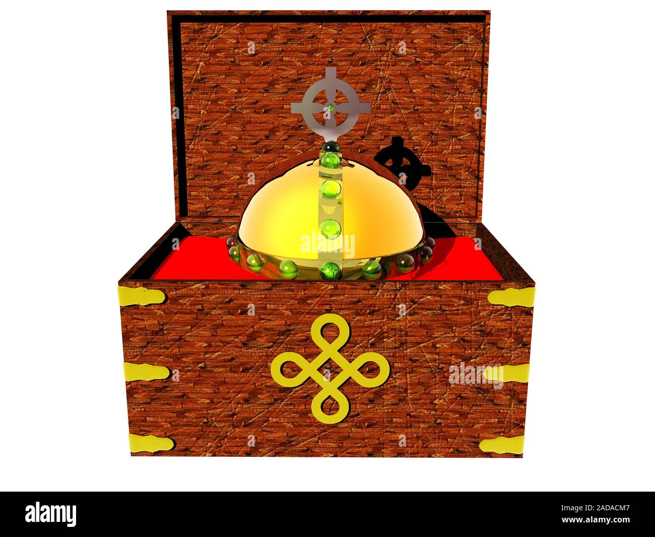 Golden Orb mit rotem Samt und Holzbox Stockfoto