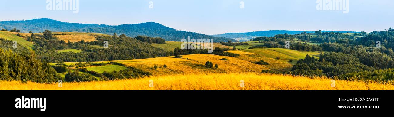 Panorama Landschaft von ländlichen Sub-Carpathian Region mit Feldern, Wiesen und Wäldern bedeckt. Stockfoto
