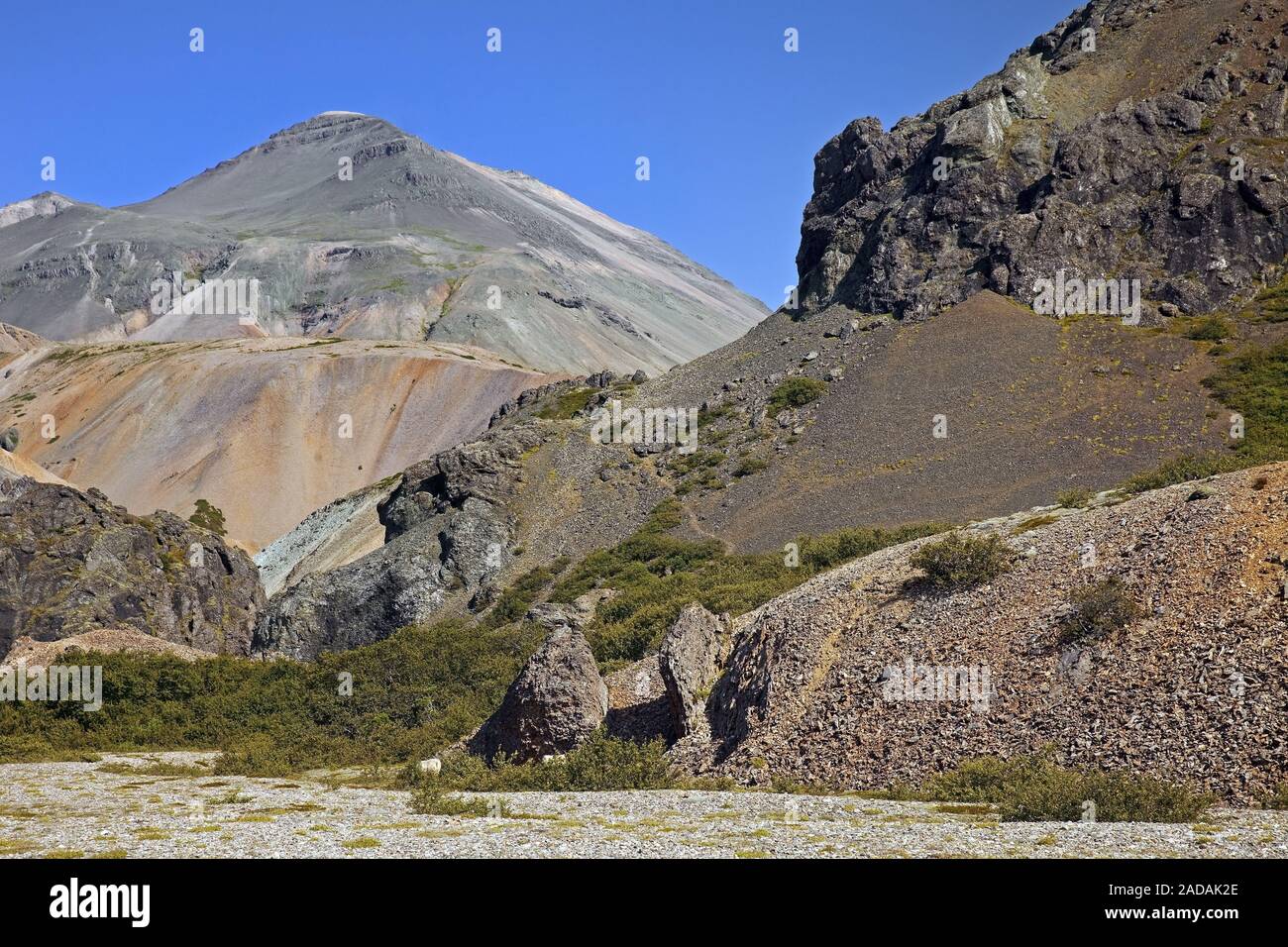 Karge Liparit Landschaft mit dem Berg Lónsoeraefi Hafradalstindur, National Park, Island Stockfoto