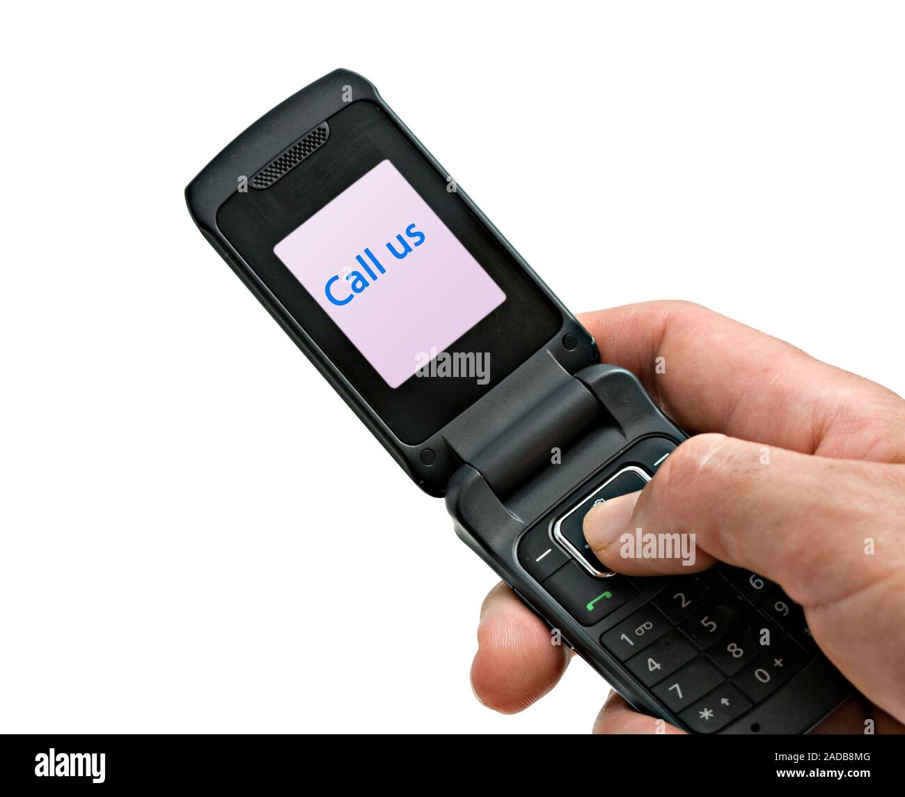 Mobiltelefon mit "Rufen Sie uns an' Label auf dem Bildschirm Stockfoto