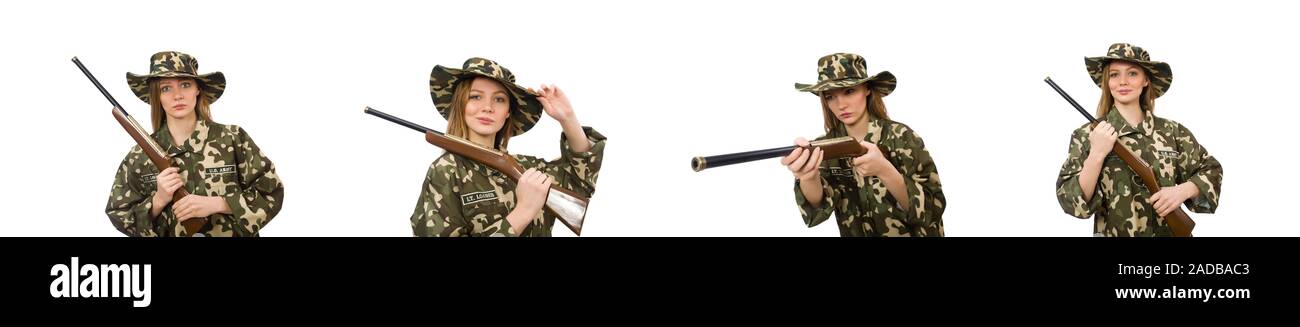 Mädchen in Militäruniform mit der Waffe, isoliert auf weiss Stockfoto