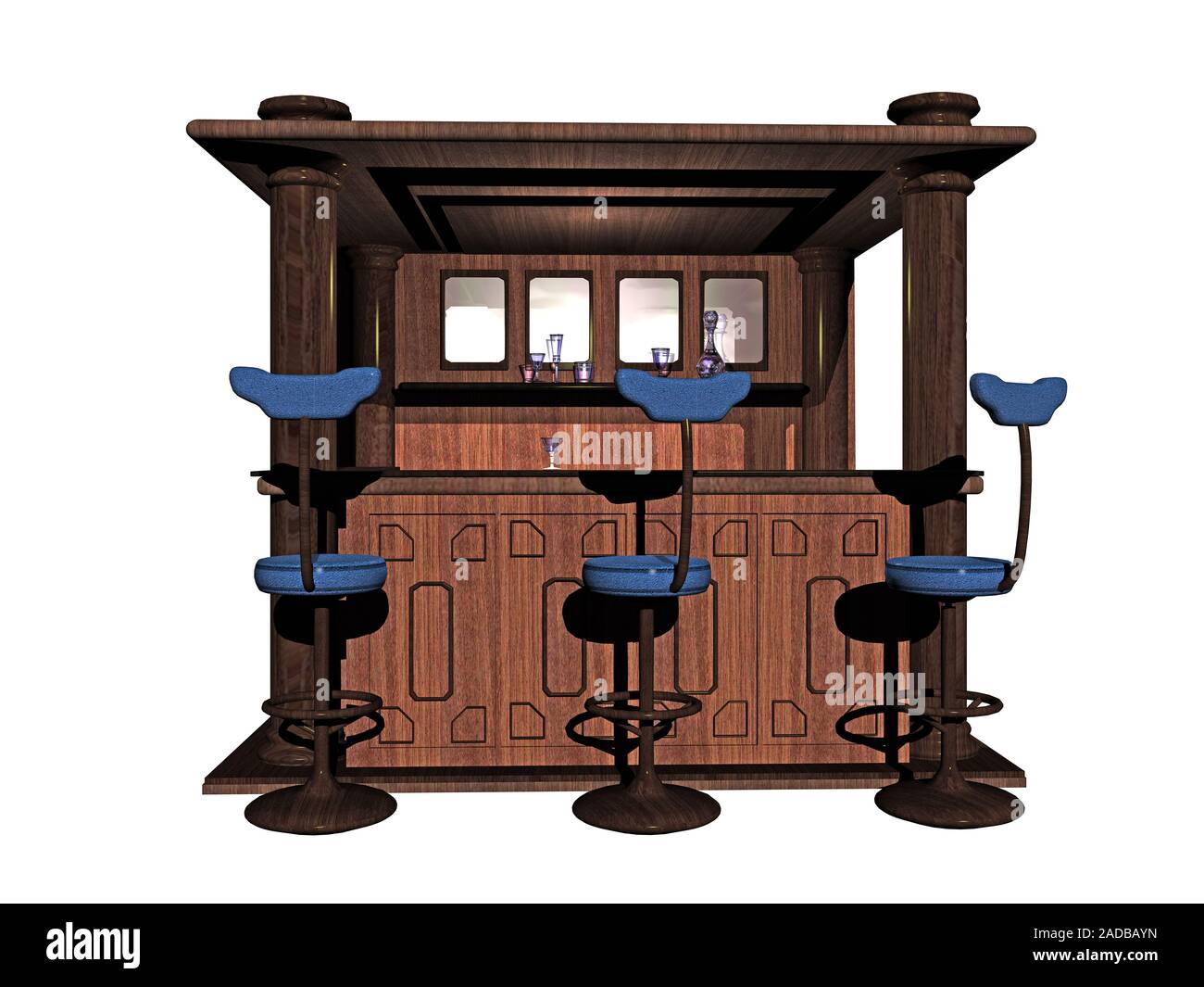 Bar mit Drinks und Barhocker Stockfoto