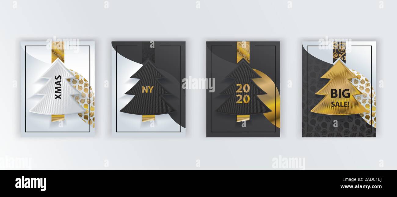 Weihnachtsbaum Banner. Gold schwarz weiß Abstrakt Hintergrund Stock Vektor