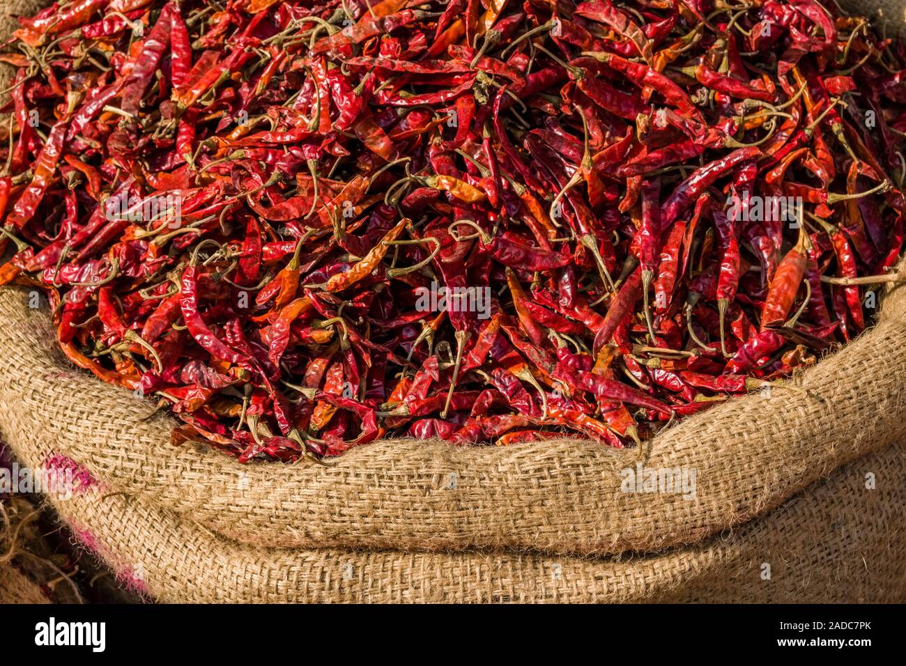 Säcke voller getrocknete Chilis sind an der Gewürzmarkt der Stadt verkauft. Stockfoto