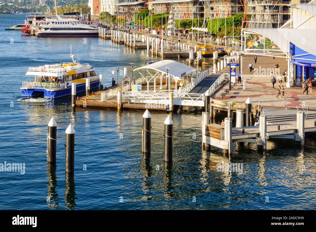 Aquarium Wharf direkt neben der historischen Pier 26 und Schriftart des Sea Life Aquarium in Sydney Darling Harbour - Sydney, NSW, Australien Stockfoto