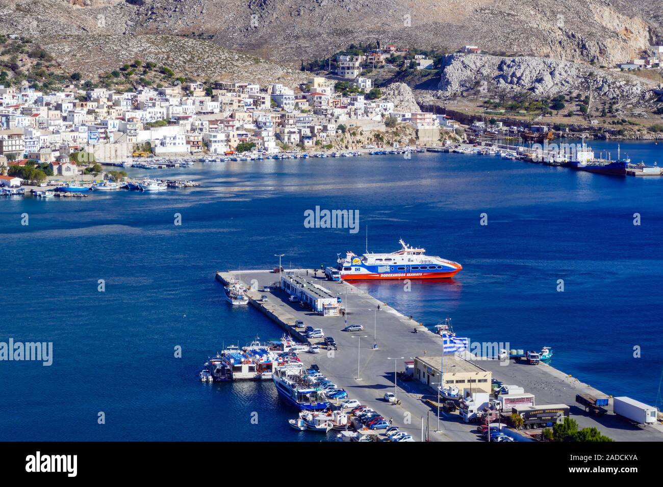 Dodekanes Seaways Katamaran verlassen Hafenstadt Pothia, Kalymnos, Dodekanes, Griechenland, Ägäis, Mittelmeer, Stockfoto