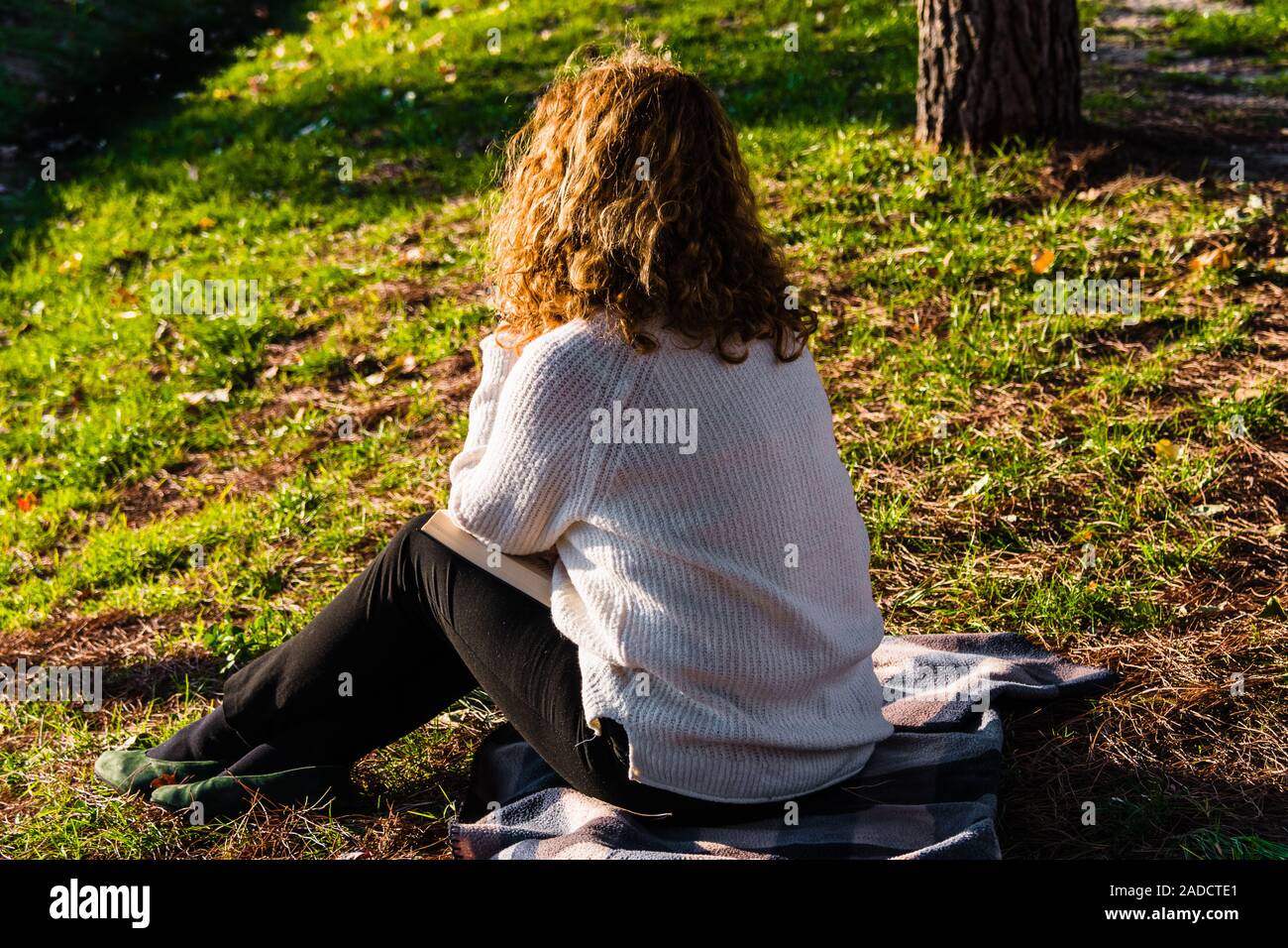 Blonde und lockig behaarte Frau liest im Park Stockfoto
